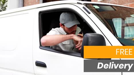 animation of the words free delivery over man talking on a phone delivering goods