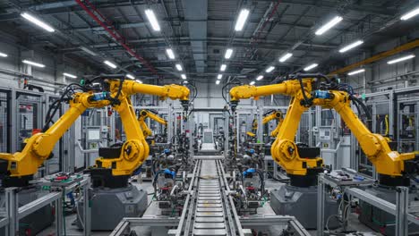 a dynamic overview of an automated manufacturing facility featuring advanced robotic arms in action, enhancing efficiency and precision in production processes