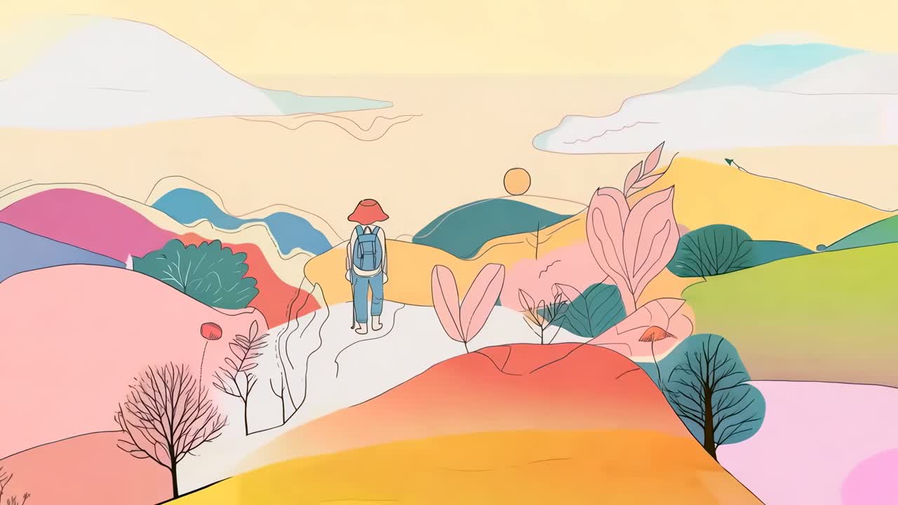 Animation fantaisiste d'un voyageur avec un sac à dos, vu de dos, explorant un monde coloré