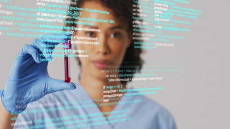 holding test tube, scientist analyzing code animation over laboratory background