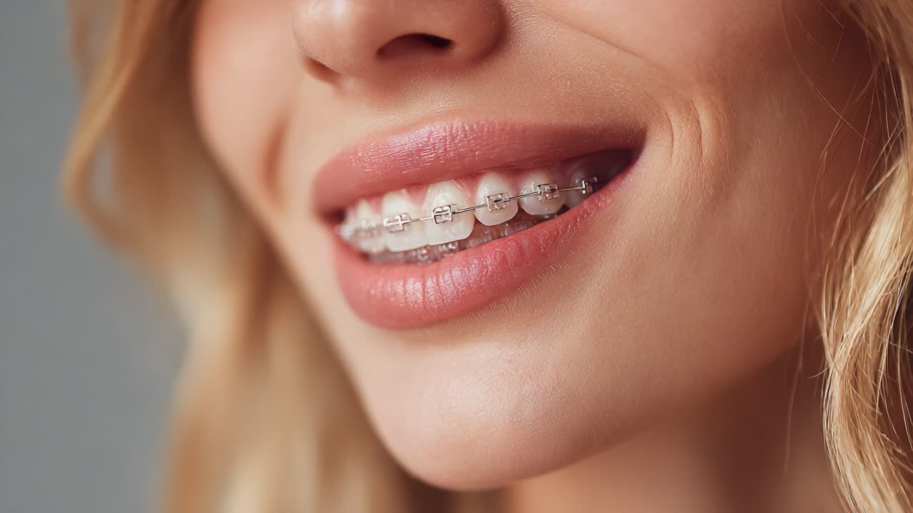 A Close-Up of a Smiling Person with Braces, Highlighting Their Radiant Smile and Beautiful Teeth in a Soft, Elegant Portrait Capturing the Transformation Journey of Orthodontic Treatment