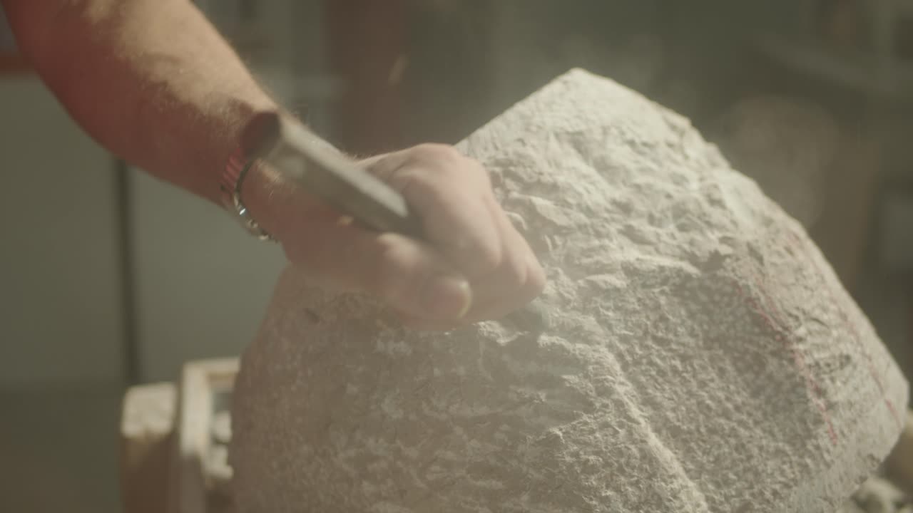 돌 조각 작업 중