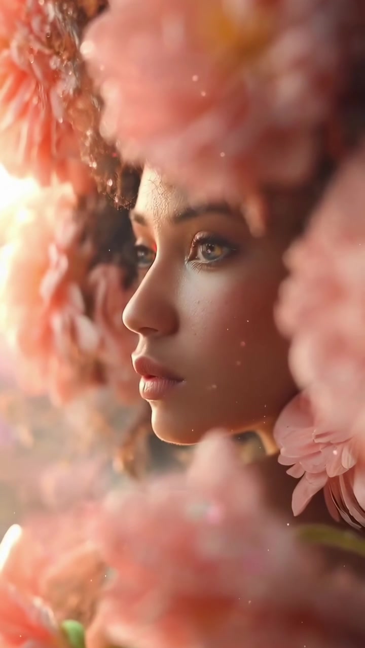 Ritratto di una giovane donna circondata da fiori rosa
