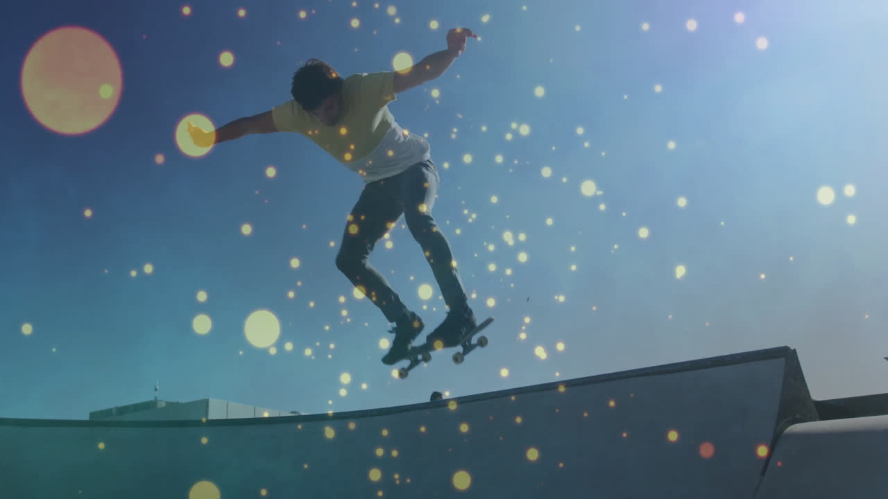 Male skateboarder performing trick in urban skatepark, boosting sports marketing with golden bokeh