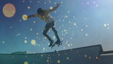 male skateboarder performing trick in urban skatepark, boosting sports marketing with golden bokeh