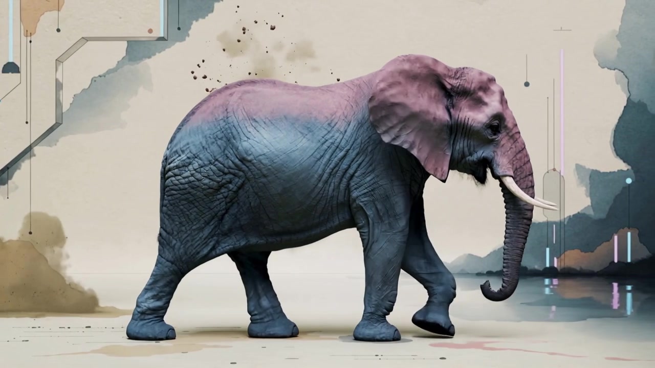En gående elefant i naturlig størrelse skifter fra blå til lyserød hen over et studiegulv med et vægmaleri og partikler som kunst.
