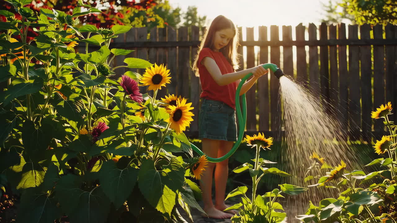 Ragazza che innaffia girasoli in un giardino all'ora d'oro