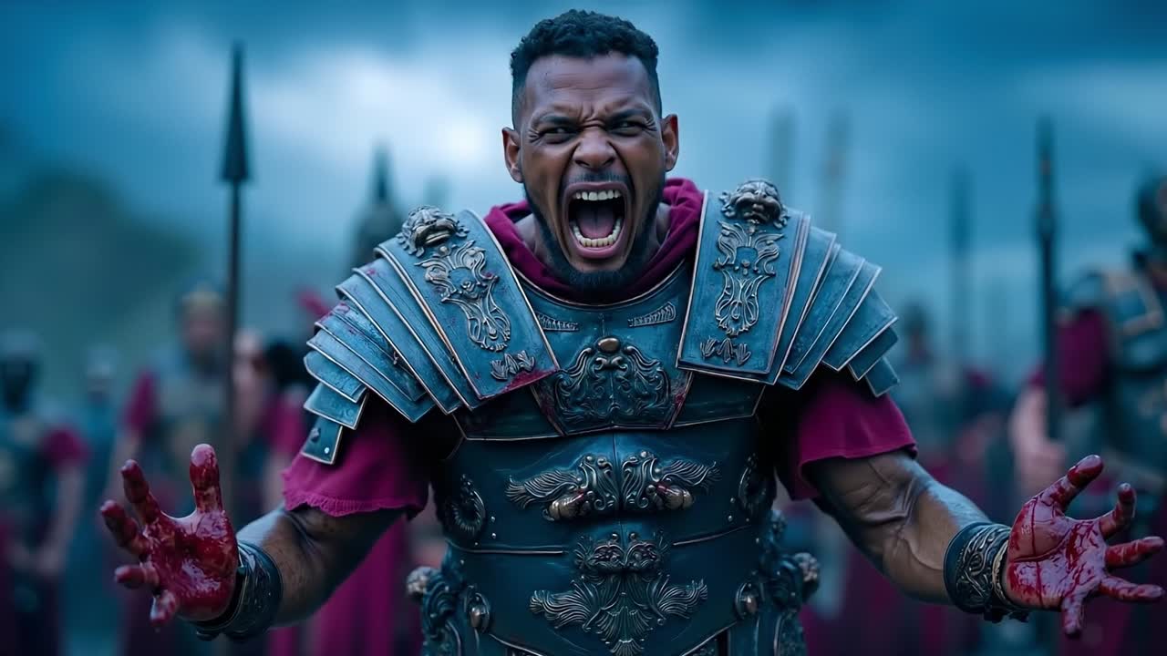 A man in a gladiator costume with blood on his hands