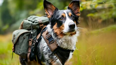 a dog with a backpack walking through a field