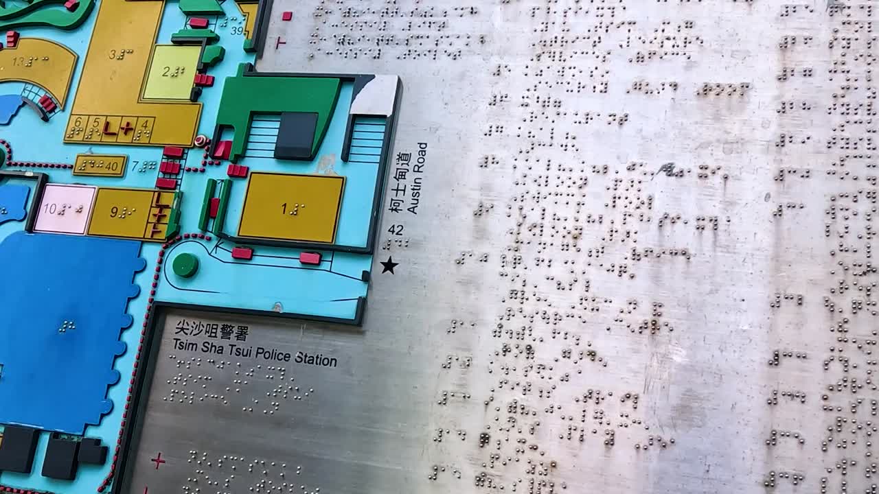 Close-up view of Kowloon Park's tactile map with Braille, highlighting pathways and water features.