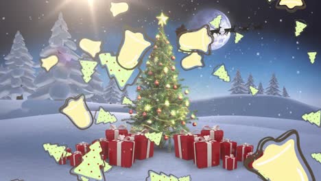 animación de árboles de navidad y campanas cayendo sobre un paisaje de invierno