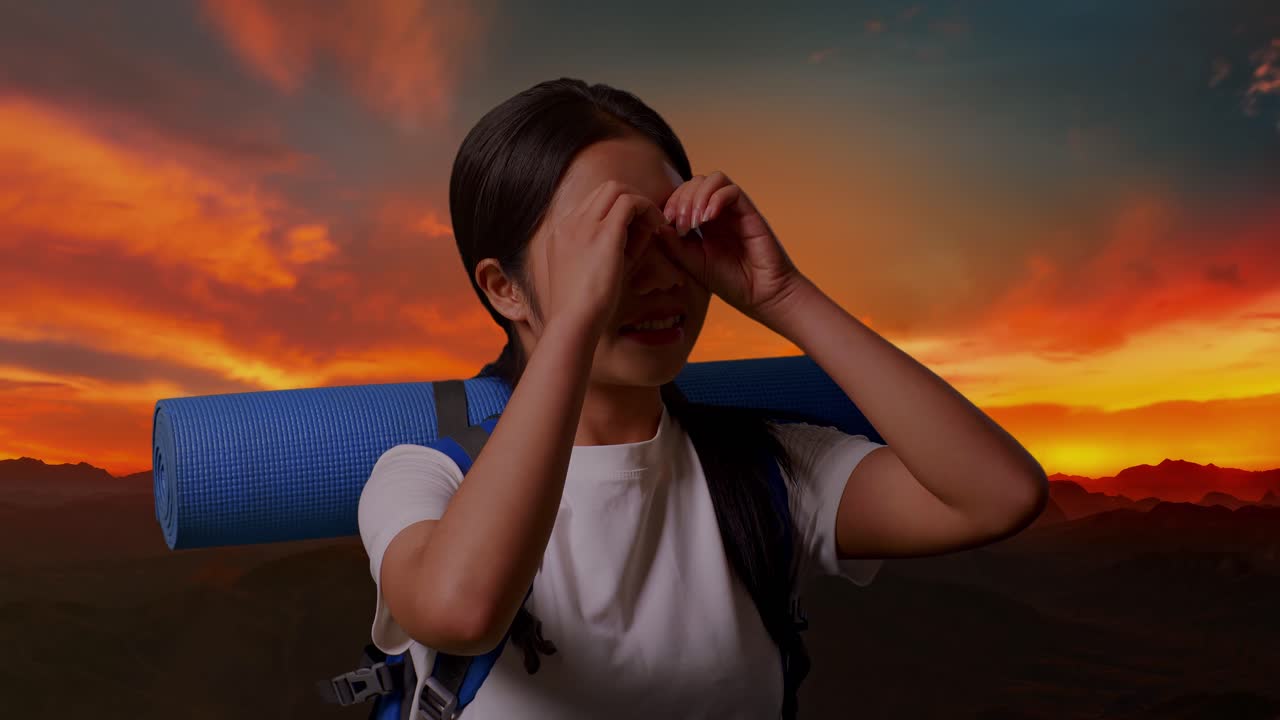 mujer caminando al atardecer en las montañas