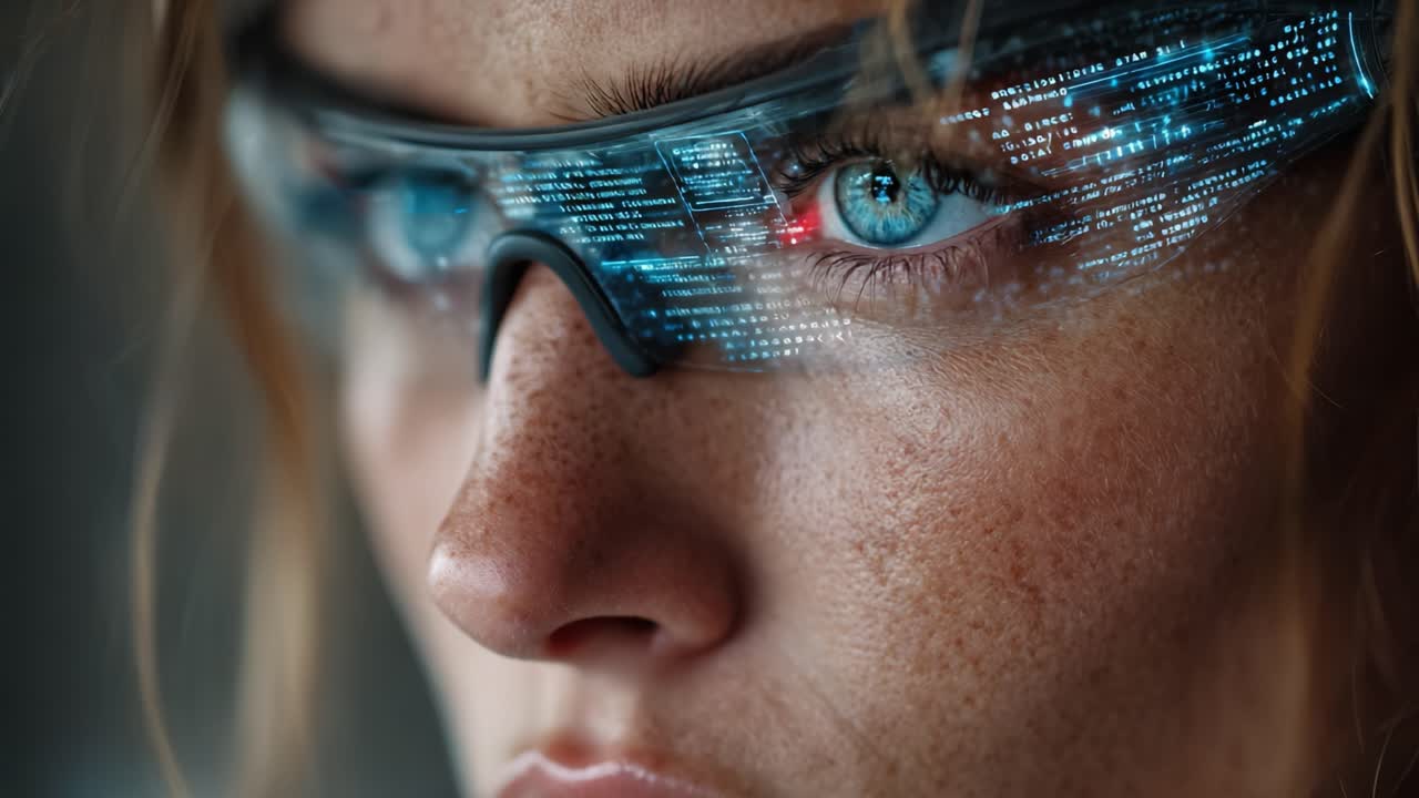 A close-up view of a focused individual wearing futuristic augmented reality glasses, with vibrant digital data reflected in their eyes, capturing the essence of technology and innovation