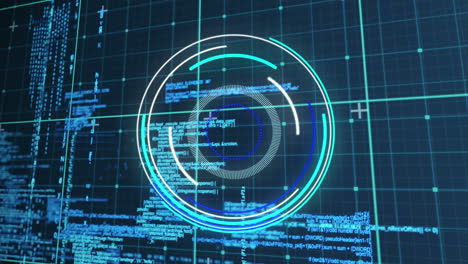 Animation of neon round scanner and data processing over grid network against blue background