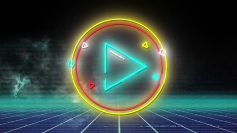 animation of flickering blue neon digital play button icon in a glowing circle