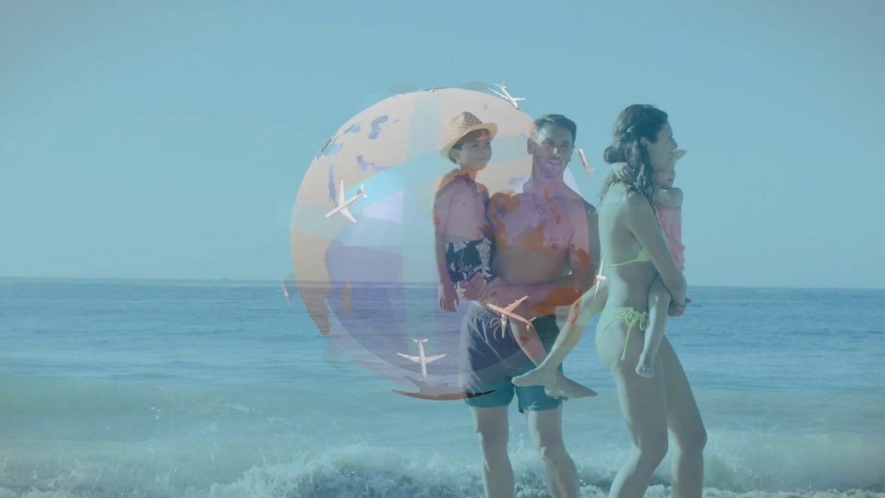 Family walking shore while globe appearing, planes rotating and drifting to show travel routes