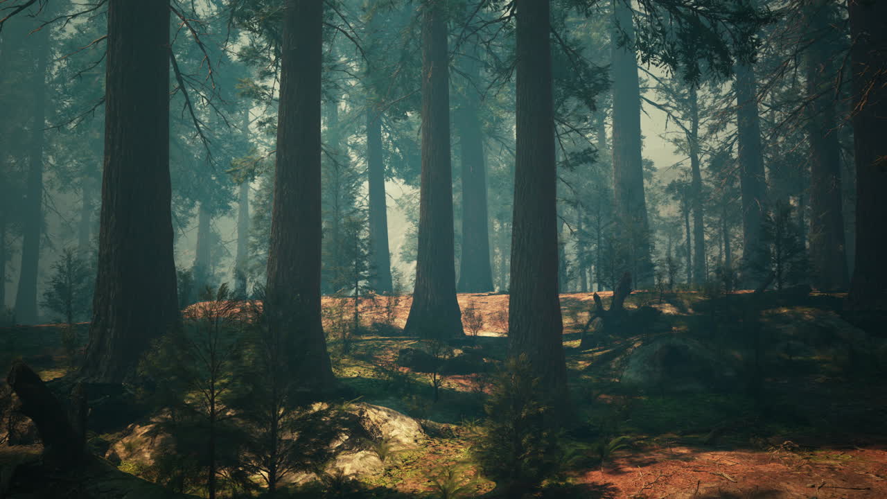 소나무 숲에서 아름다운 아침 안개와  ⁇ 빛