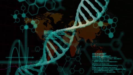 Animation-Der-Datenverarbeitung-Mit-DNA-Strang-über-Der-Weltkarte