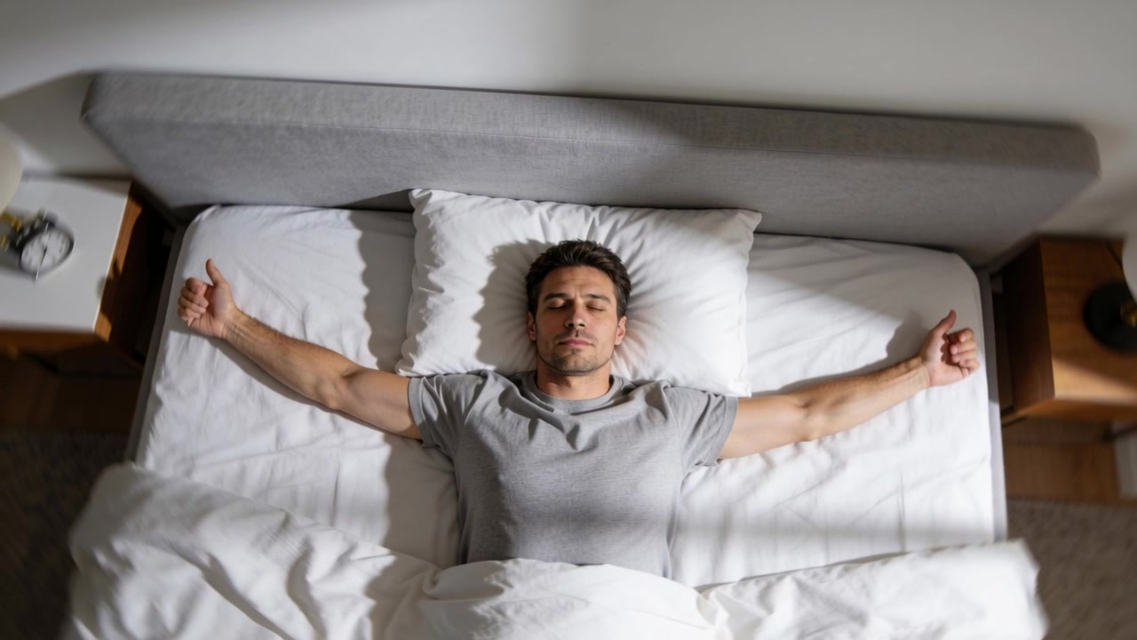 Uomo in maglietta grigia che si stira, ruotando i polsi e muovendo le braccia sul letto, mentre la luce dalle persiane lo sveglia.