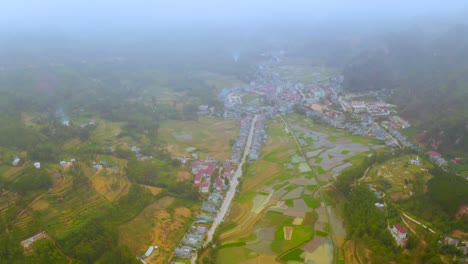 slow tilt up revealing gorgeous lush farmland in the dong van karst plateau geopark