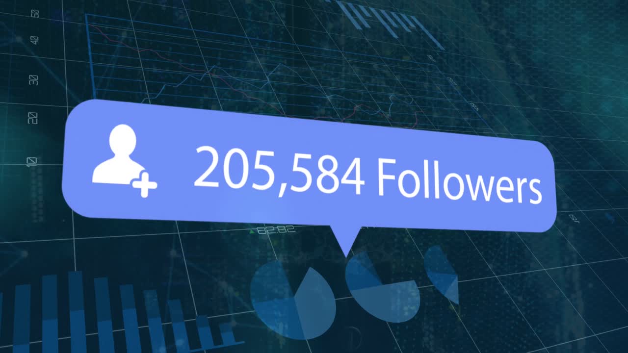 Animation of financial data processing and followers number over server room