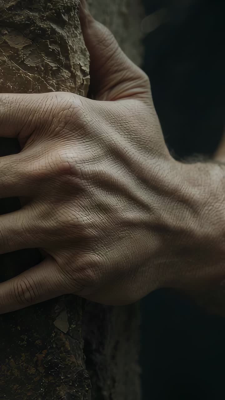 Vertical video: After touching bark, hand and forearm pressing fingers deeper into trunk to hold