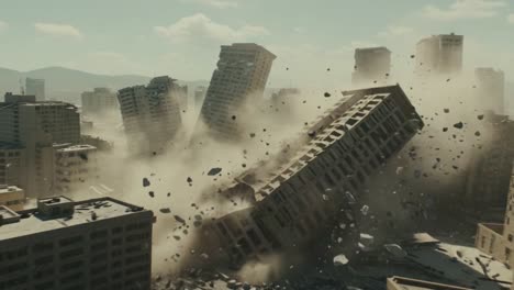 devastation strikes: a city crumbles under the weight of destruction as buildings topple and dust clouds fill the air in a chaotic scene of urban ruins
