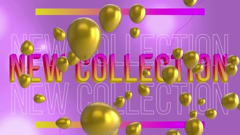 Animation-Von-Goldenen-Und-Schwarzen-Luftballons-über-Neuem-Kollektionstext-Auf-Abstraktem-Hintergrund