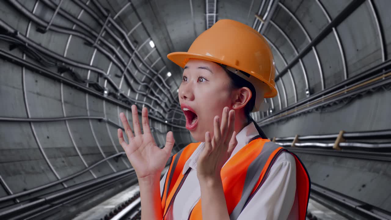 Surprised Construction Worker in a Tunnel
