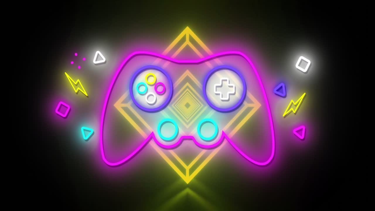Game controller glowing in dark neon space, featuring colored buttons and floating geometric shapes