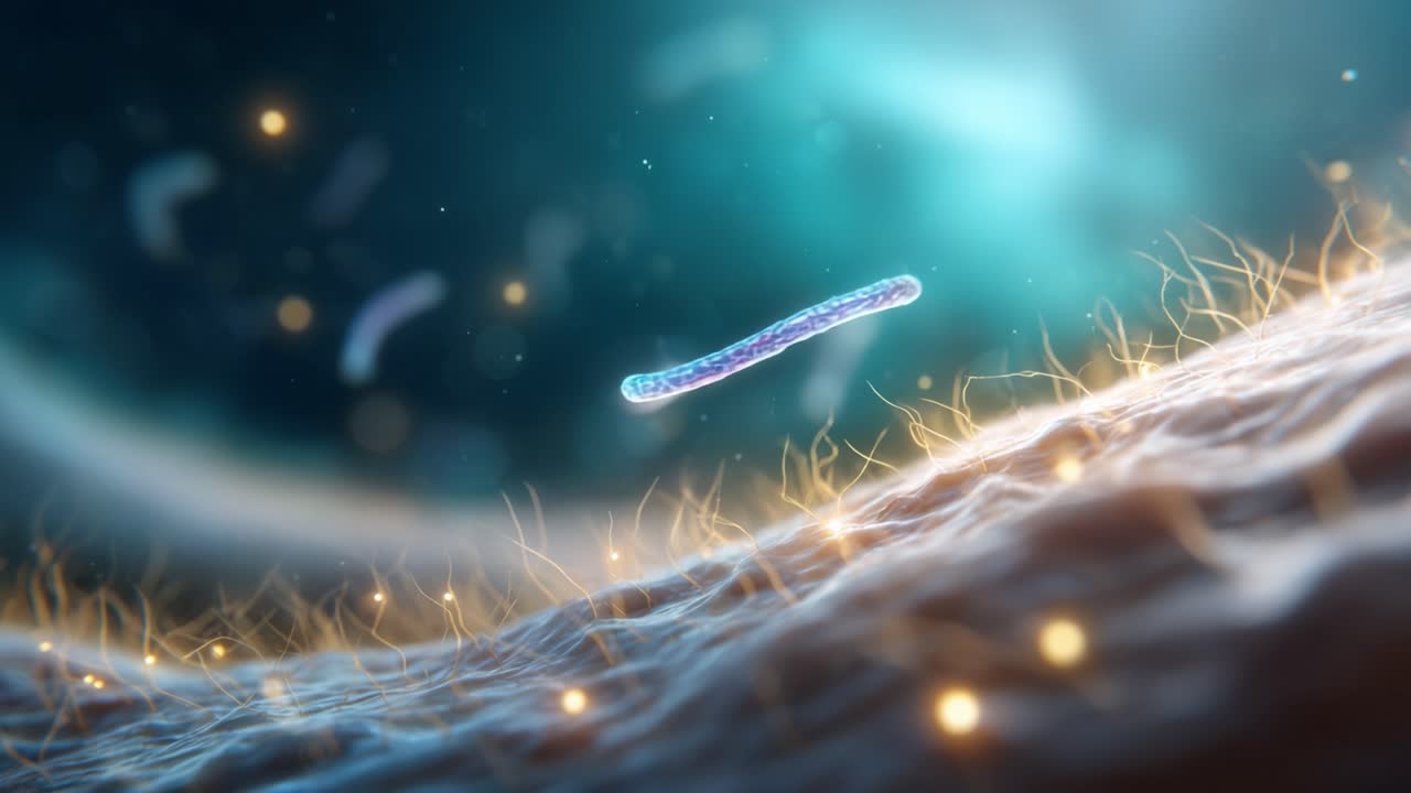 Microscopic View of Bacterial Activity in a Cellular Environment with Vibrant Colors and Shimmering Particles Capturing the Dynamics of Microbiology