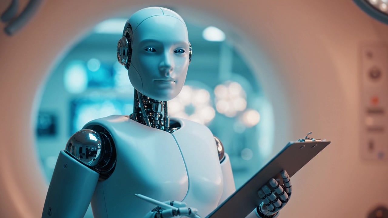 Robot umanoide avanzato che conduce un'analisi con un blocco note, mostrando tecnologia futuristica all'interno di un ambiente dal design impeccabile e uno sfondo luminoso.