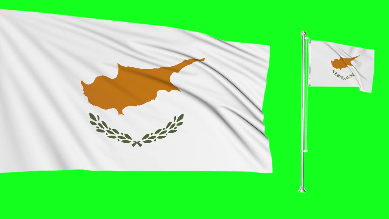 초록색 스크린: 키프로스의 2개의 발이 바람에 흔들리고, 키프로스 발 기둥이 매우 상세한 직물 텍스처 애니메이션 4k 3d 크로마 키와 함께 날아다니고 있습니다.