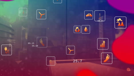 Animation-Von-Öko-Symbolen-Mit-Datenverarbeitung-über-Der-Stadtlandschaft