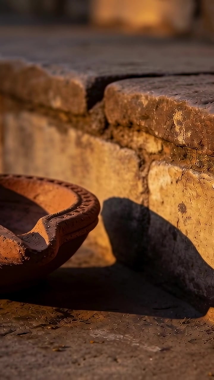 Video verticale: Luce solare che si sposta, muovendo l'ombra di una lampada in terracotta lungo una sporgenza consumata, con spazio per il testo.