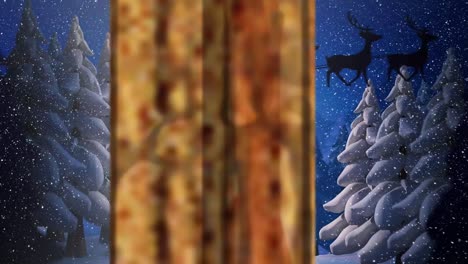 Animation-Des-Weihnachtsmanns-Im-Schlitten-Mit-Rentieren-über-Fallendem-Schnee,-Gesehen-Durch-Das-Fenster