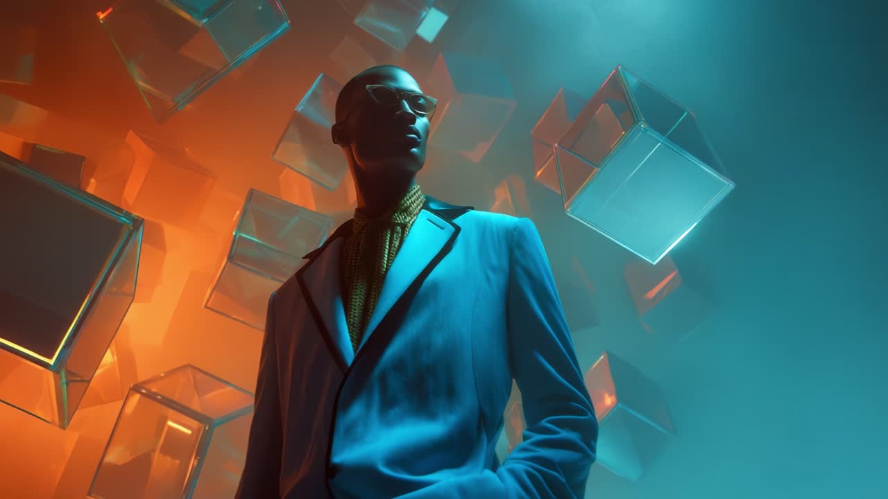A Fashionable Model Stands Confidently Against a Futuristic Background of Glowing Cubes, Showcasing a Unique Style with Stylish Suit and Bold Accessories in an Enigmatic Atmosphere
