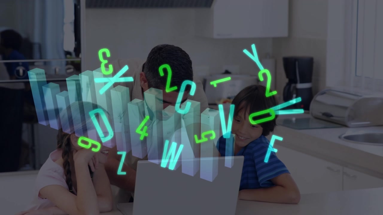 Animation of data processing over caucasian father, daughter and son using laptop at home