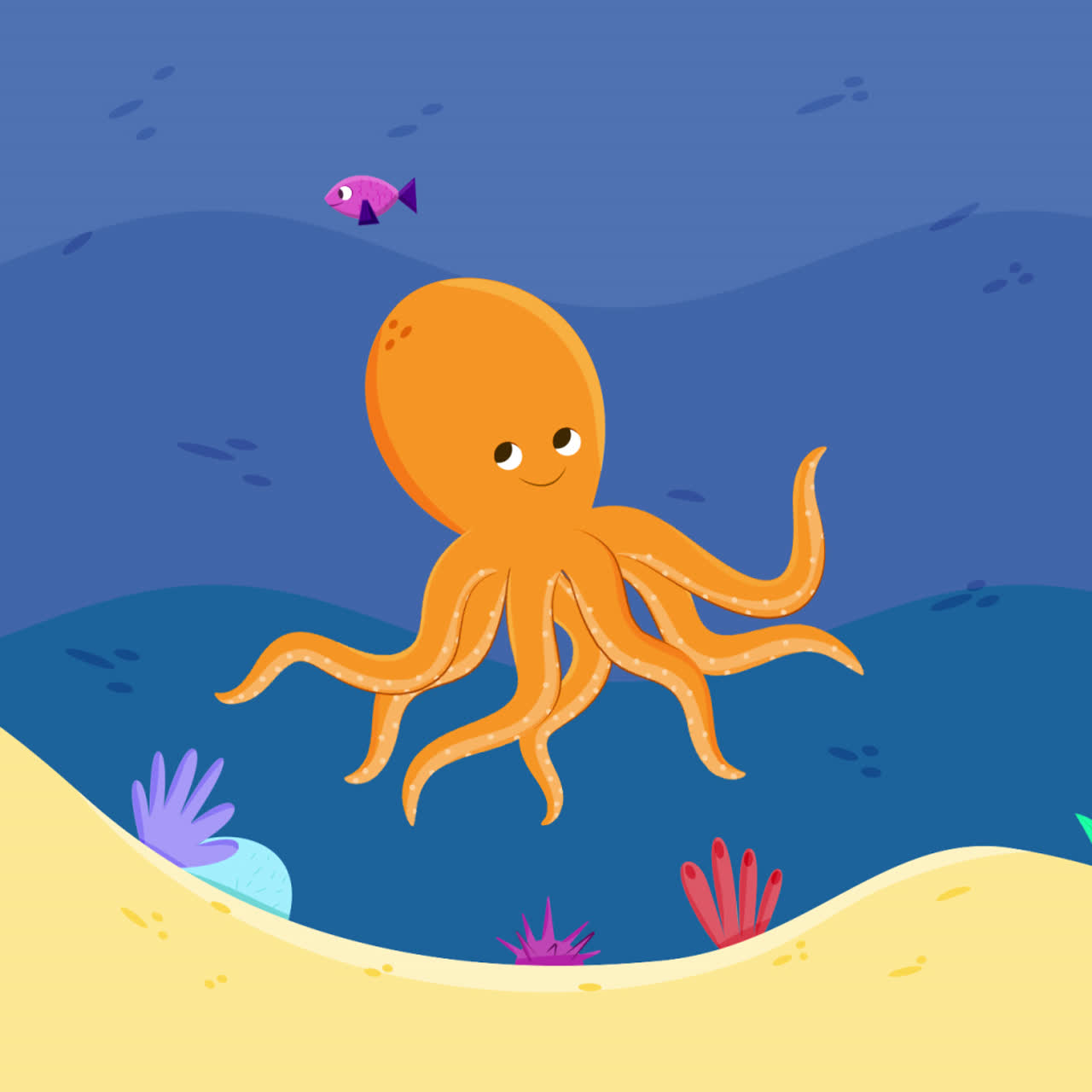 милый осьминог и рыба в подводной сцене