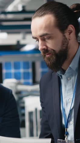 vertical video factory inspectors and supervisors engaging in briefing over production metrics