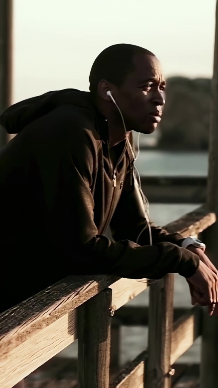 Vertical video: Leaning man wearing wired earphones, shifting, checking watch on pier at sunset