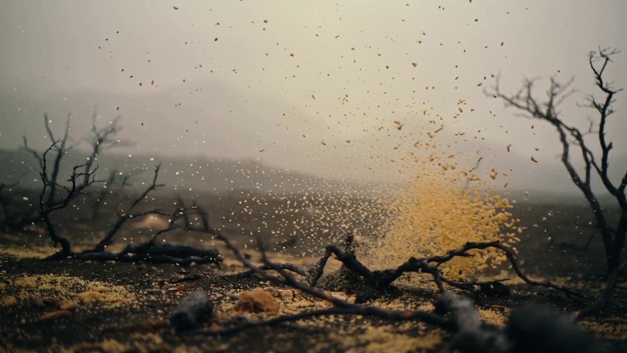 Gusting wind lifting yellow dust, breaking apart and drifting across arid plain with gnarled branch