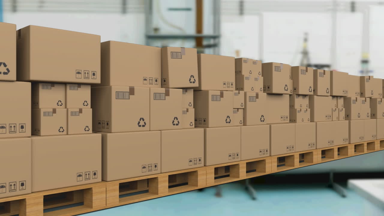 Animation of stack of cardboard boxes on conveyor belt in warehouse