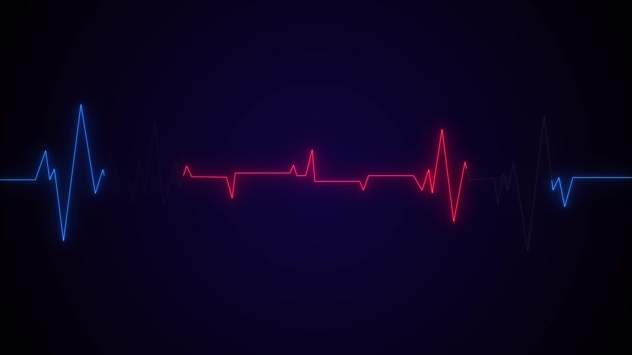Animazione al neon di una linea di battito cardiaco su sfondo viola, con bagliore di impulso rosso e blu, ritmo medico, spazio vuoto pulito