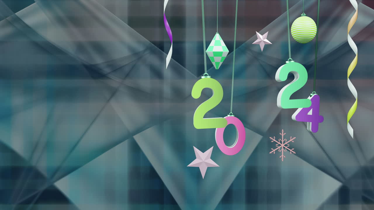 animación del texto de 2024 y decoraciones navideñas en el fondo