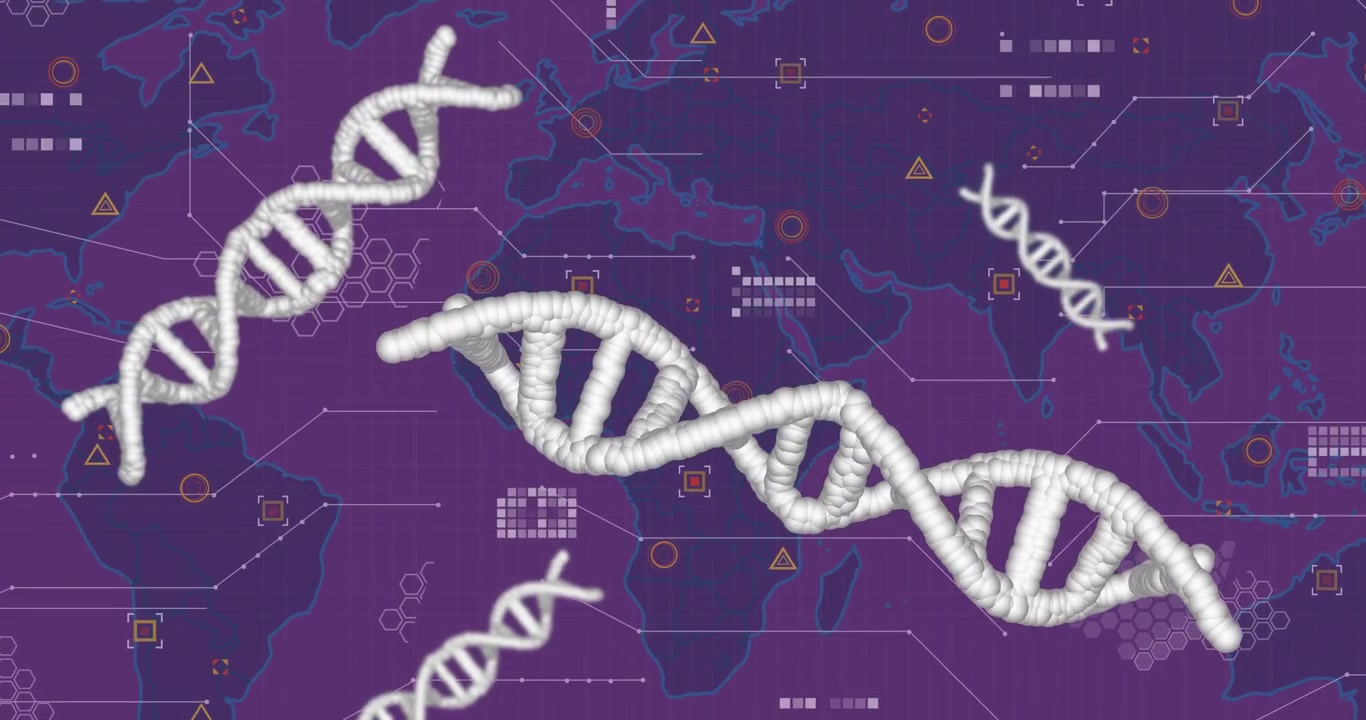 White 3D DNA helix strands floating over purple world map showcasing hexagonal data motifs