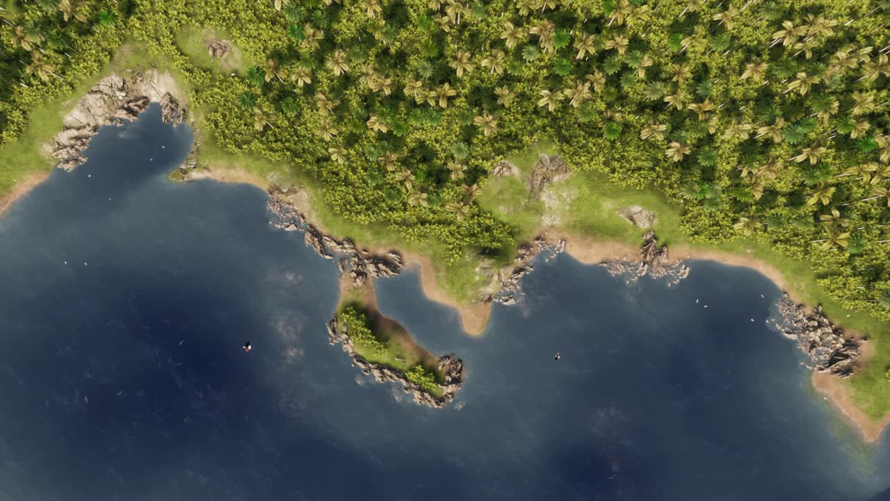 pequeña isla tropical, orilla del tesoro, en el medio del océano con el mar azul y las olas, palmeras, helechos, gaviotas volando en el cielo, peces en el agua, animación 3d vista desde arriba acercar
