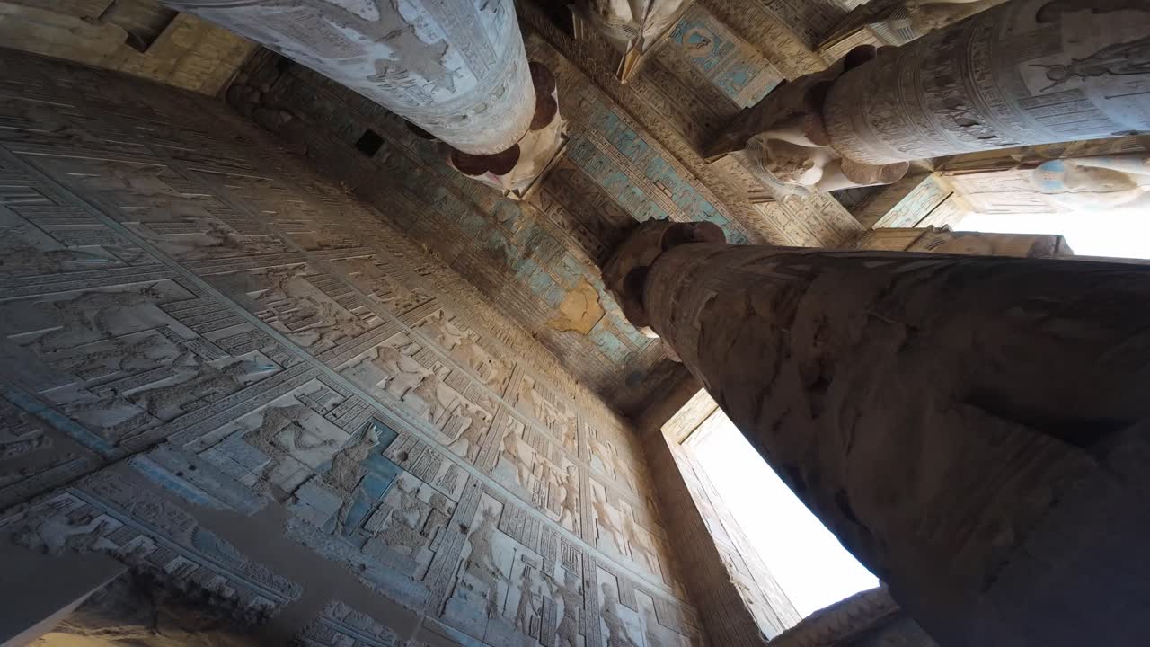 Looking Up at Ancient Columns and Ceiling of Dendera Temple Interior