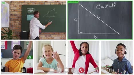 animation of six screens of diverse children, teacher and chalkboard during online maths lesson