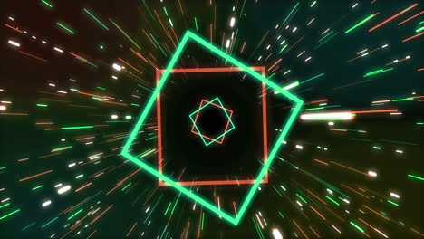 animación de cuadrados de neón verdes y naranjas y senderos de luz sobre fondo negro.